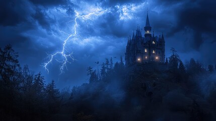 A dark castle under a stormy sky, illuminated by lightning, creating a dramatic and eerie atmosphere, perfect for fantasy themes.