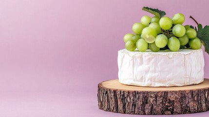 A round Camembert cheese topped with fresh green grapes rests on a wooden board. The soft pastel purple backdrop enhances the minimalist and elegant presentation