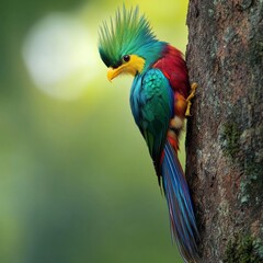 A stunning bird perched on a tree trunk. This vibrant creature features bright greens, blues, and reds. Its unique feathers and style make it a captivating subject for nature photography. AI