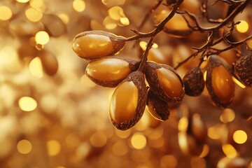 Background featuring argan seeds and oil with generative ai created argan nuts and branches