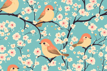 seamless background pattern of cute birds and pink flowers on a turquoise background