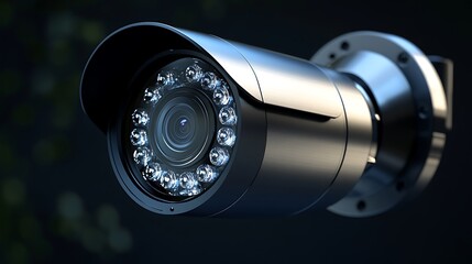 a cylindrical bullet camera, commonly used outdoors. The camera is weather-resistant, with a clear lens and visible infrared LEDs for night vision. The housing is metallic
