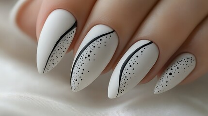A close-up shot of matte white nails with minimalist black and grey line art, tiny dots arranged symmetrically along each nail. The nails have a smooth finish, illuminated by soft light,
