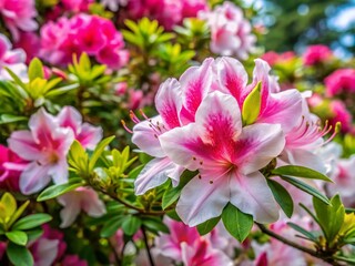 Stunning Azalea Blooms in Vibrant Pink and White Colors Surrounded by Lush Green Foliage