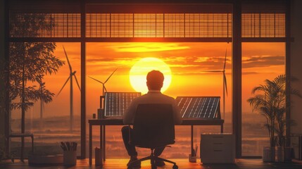 Engineer working with solar panels and wind turbines, renewable energy concept