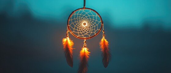 Obraz premium Design a glowing dreamcatcher softly illuminated by moonlight, set against a gradient from dark blue to light gray