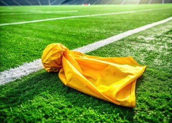 A vibrant yellow penalty flag lies on the crisp green turf, signaling an important call as excitement builds for the upcoming professional football game.