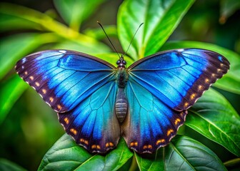 Stunning Blue Butterfly on Vibrant Green Leaf in Nature, Close-Up Details of Beautiful Wings