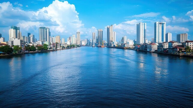Manila, Philippines - March 5, 2019 Outside Fort Santiago Barges and skyscrapers apartment buildings across Pasig River under blue sky Tower under construction