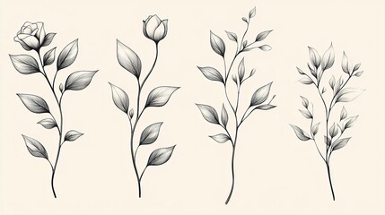 Fototapeta premium Elegant hand-drawn floral illustrations featuring various buds and leaves in a vintage style.