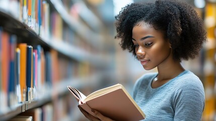 A young woman reads a book in a library, surrounded by shelves filled with colorful books. She is engaged and thoughtful.