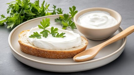 A slice of bread topped with a creamy layer of cream cheese sits on a smooth grey backdrop, providing a minimalist aesthetic perfect for culinary inspiration or breakfast ideas.