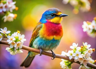 Obraz premium A vivid, colorful bird sits gracefully on a branch, surrounded by a softly blurred spring landscape, enhancing the beauty of nature and its vibrant hues.