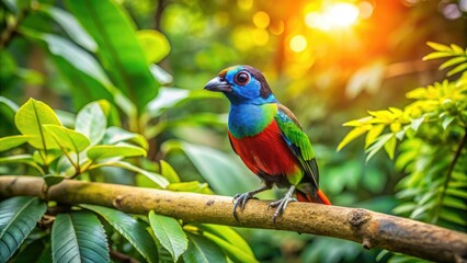Fototapeta premium A vividly colored bird rests on a branch surrounded by lush green leaves, creating a tranquil scene in the heart of nature's beauty.