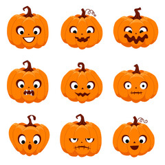 Halloween pumpkins with cute childish faces set on white background vector illustration