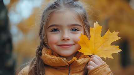 Fototapeta premium A young girl with blue eyes and a happy smile holds a yellow autumn leaf.