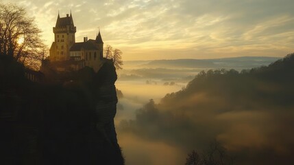 Obraz premium A majestic castle perched atop a cliff, surrounded by misty mountains at sunrise, evoking a sense of mystery and adventure.