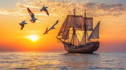 Fototapeta premium A majestic ship sails across the ocean at sunset, surrounded by birds, capturing the beauty of adventure and tranquility.