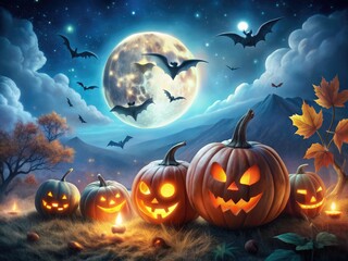 Fototapeta premium A whimsical Halloween scene with grinning pumpkins, playful ghosts, fluttering bats, and an eerie night sky, creating a hauntingly delightful festive atmosphere for all.