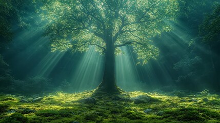 Fototapeta premium Sunbeams Through Forest Canopy - Nature Photography