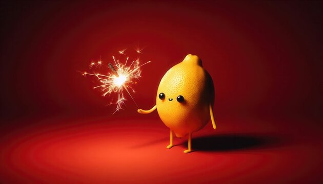 A whimsical, cheerful lemon character holding a sparkler, radiating joy and creativity against a vibrant red background. Perfect for food, fun, or party-themed projects.