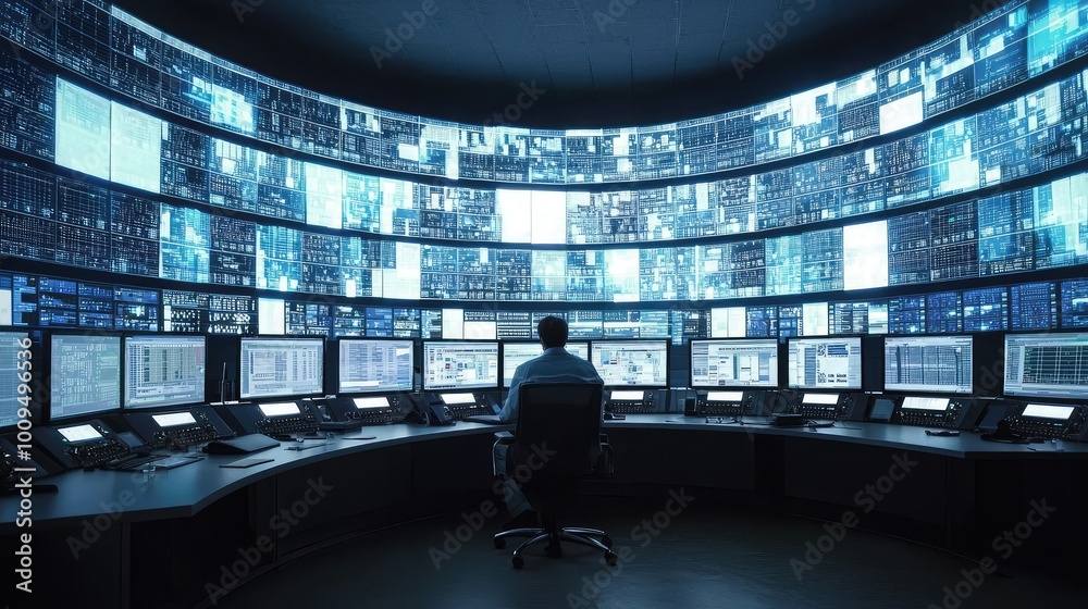 Poster a professional monitoring room filled with multiple screens displaying data, showcasing high-tech su