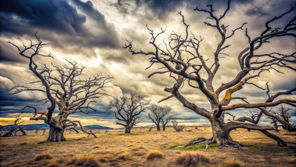 Bare, twisted branches of withered trees stretch towards a grey sky, their limbs contorted in a surreal, eerie landscape of desolation and decay.