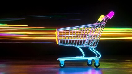 The shopping cart glows with neon lights as it moves swiftly through a colorful blur of lights on dark background, energizing the scene - Powered by Adobe