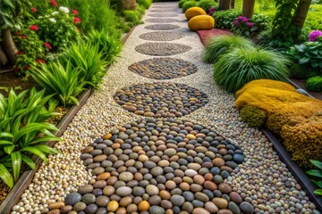 Scenic pathway adorned with smooth pebbles in lush garden