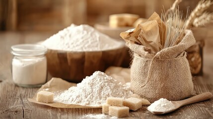 Fototapeta premium A rustic display of flour in various forms, perfect for culinary and baking-themed projects showcasing natural ingredients.