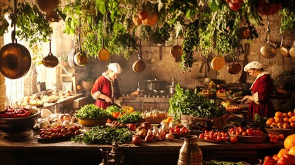 A rustic market scene with fresh produce being prepared by chefs in a warm, inviting atmosphere, highlighting culinary traditions.