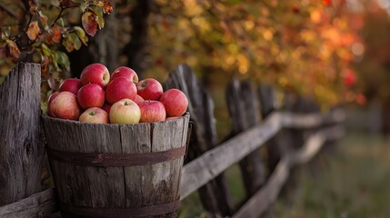A rustic wooden bucket filled with fresh, ripe apples against a backdrop of colorful autumn leaves.