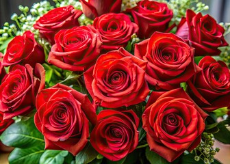 Fototapeta premium Beautiful red rose bouquet ideal for romantic events, weddings, and elegant floral arrangements, bringing a touch of love and passion to any occasion.