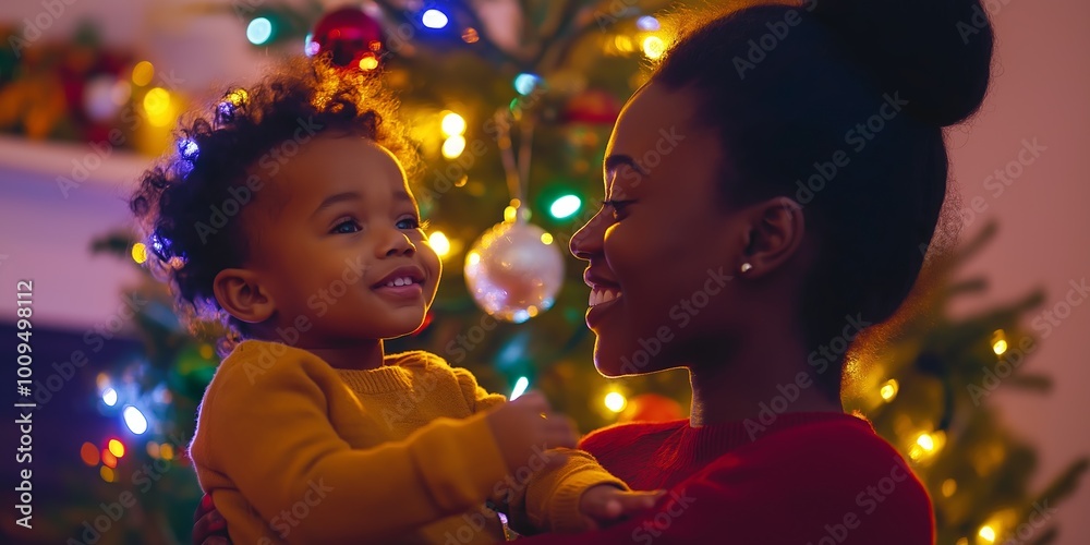 Wall mural A woman is holding a baby in front of a Christmas tree. The woman and baby are smiling and seem to be enjoying the moment. The scene conveys a warm and joyful atmosphere, typical of the holiday season