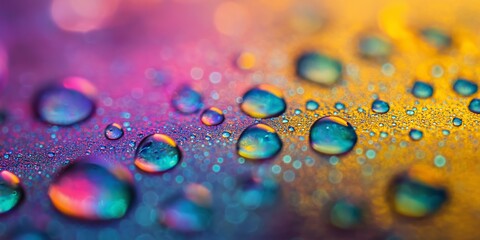A colorful background with many small drops of water. The drops are of different colors and sizes, creating a sense of movement and energy. Scene is lively and dynamic
