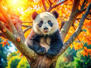 Fototapeta premium Begin with a round head for the panda. Add big eyes, ears, and a small nose. Draw its body sitting on a branch with surrounding leaves.