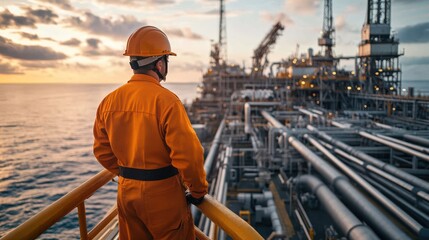Oil tanker worker in orange uniform looking at distant port, sea platform view