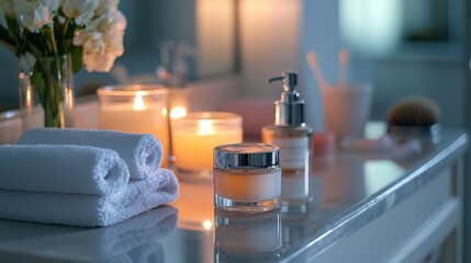 A serene bathroom scene featuring candles, skincare products, and fresh towels for a relaxing self-care experience.