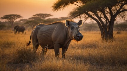 Obraz premium Large rhinoceros standing in grassy field with tree in background, during warm, golden sunset