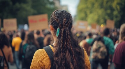 Crowd Protest with Woman's Braided Hair in the Foreground