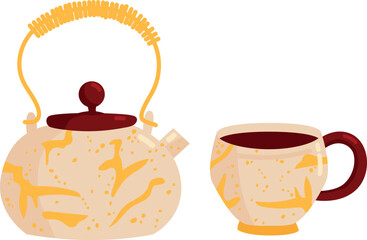 Ornate teapot icon. Elegant ceramic cup set