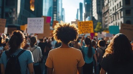 Diverse Crowd Protests for Social Justice in Bustling City