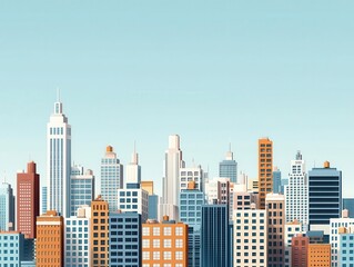 Fototapeta premium Metropolitan Scene with Skyscrapers, Contemporary Architecture, and Vibrant Urban Infrastructure under a Clear Blue Sky, Showcasing the Thriving Modernity and City Life