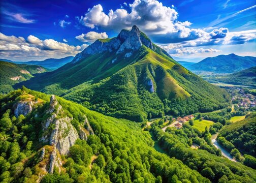 Beneath a clear blue sky, the majestic Mountain Rtanj rises, enveloped by verdant forests, offering a breathtaking view of nature's serene beauty.