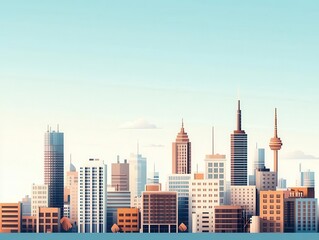 Fototapeta premium Metropolitan Scene with Skyscrapers, Contemporary Architecture, and Vibrant Urban Infrastructure under a Clear Blue Sky, Showcasing the Thriving Modernity and City Life