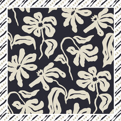 Monochrome black and white brush strokes inky flowers scarf or bandana design. Abstract floral contemporary background.