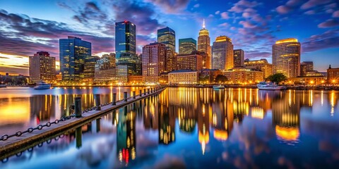 Naklejka premium Stunning Night View of Boston Skyline with Illuminated Buildings and Reflections on the Water