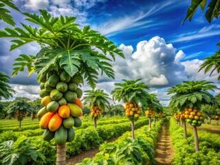 Beneath a radiant summer sky, a thriving papaya farm showcases abundant ripe tropical fruit, wrapped in lush green foliage that embodies nature's bounty and beauty.