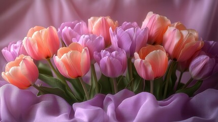 Fototapeta premium vibrant pink and lavender tulips scattered across a textured lavender fabric casting delicate shadows creating a soft floral composition that exudes tranquility