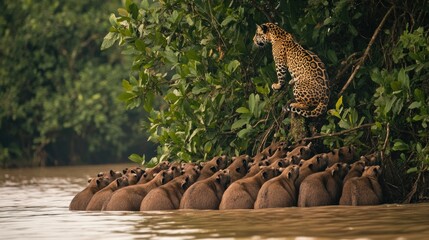 A jaguar poised above a group of capybaras by the water, highlighting predator-prey dynamics.